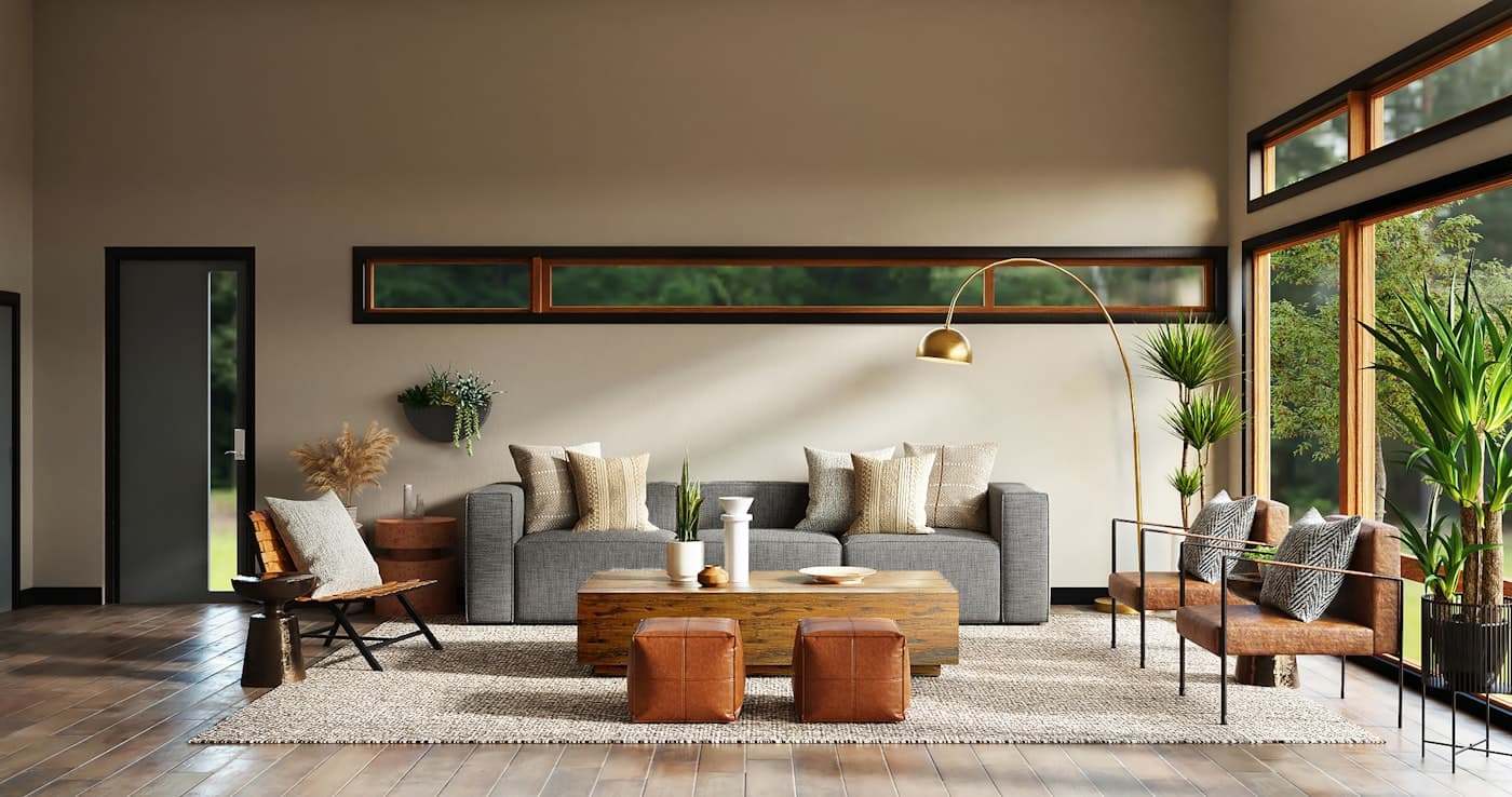 Warm den with wood-toned furniture and a stone hearth